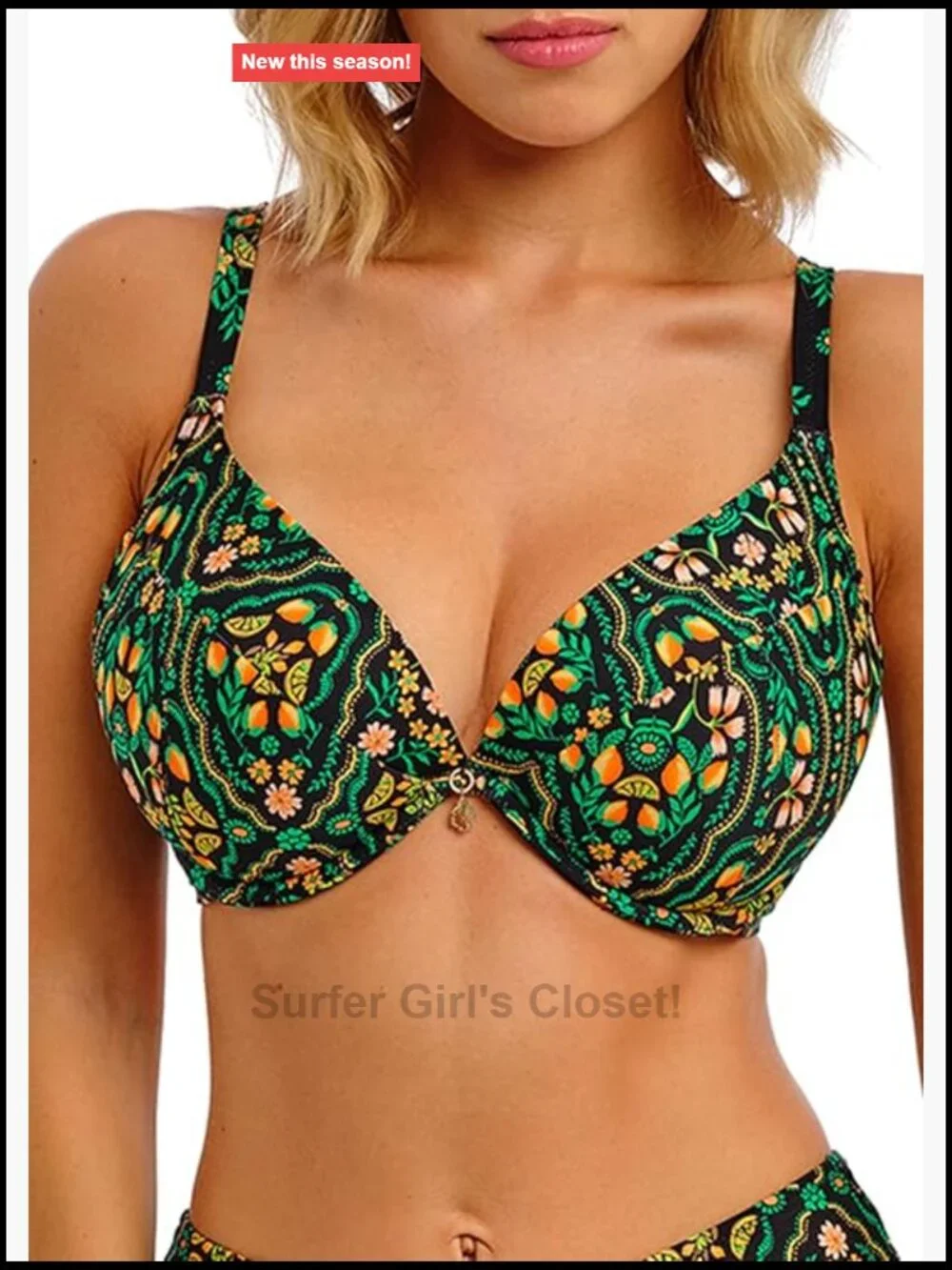 Underwire Plunge Bikini Top with Gold Leaf Trim - Size 32D